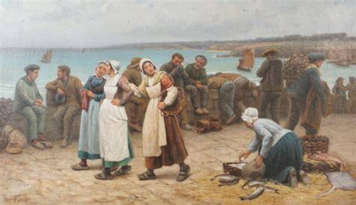 Eve FINES (XXe), " Le march&eacute; aux poissons sur le quai, retour de p&ecirc;che