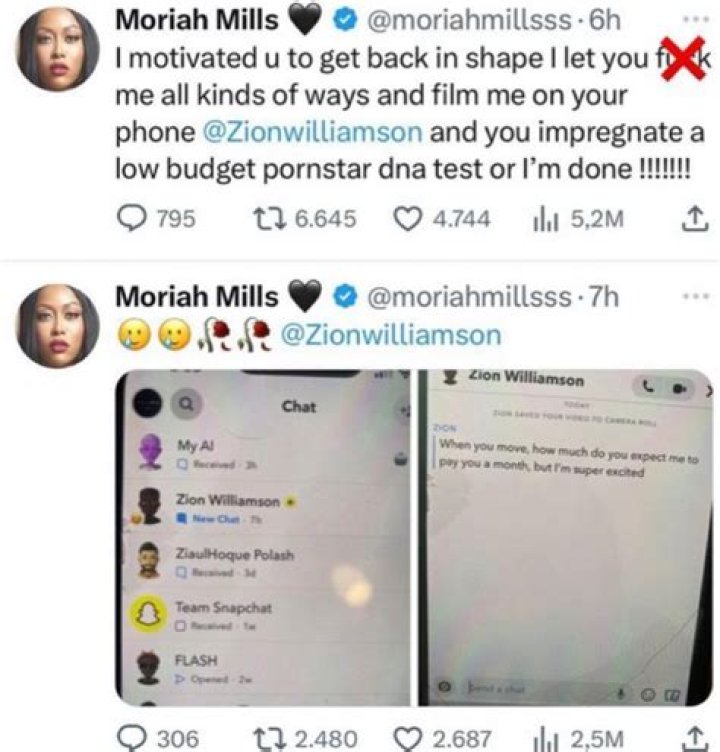 Porn Star Moriah Mills Accuses Zion Williamson of Infidelity August