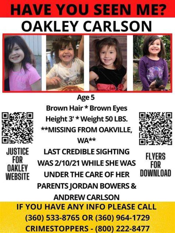 WA OAKLEY CARLSON Missing from Oakville, WA 10 Feb 2021 Age 5